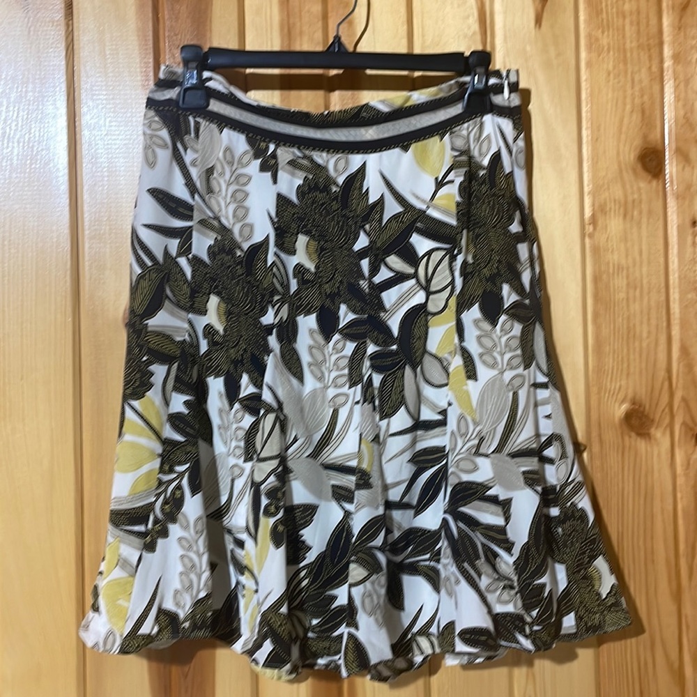 Ann Taylor Skirt Brown Yellow Tan White Silk Flare Lined Skirt Size 6P